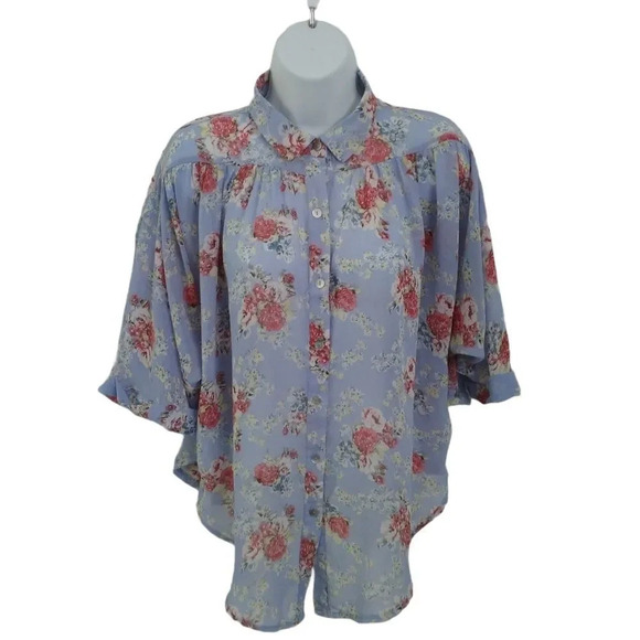 Seduction Dropped Shoulder  Blouse, Blue Floral, M - Picture 2 of 9